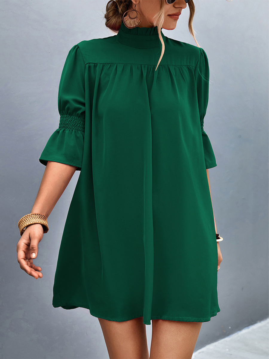 Loose Casual Solid Color  With Stand Collar Stylish Mini Dress