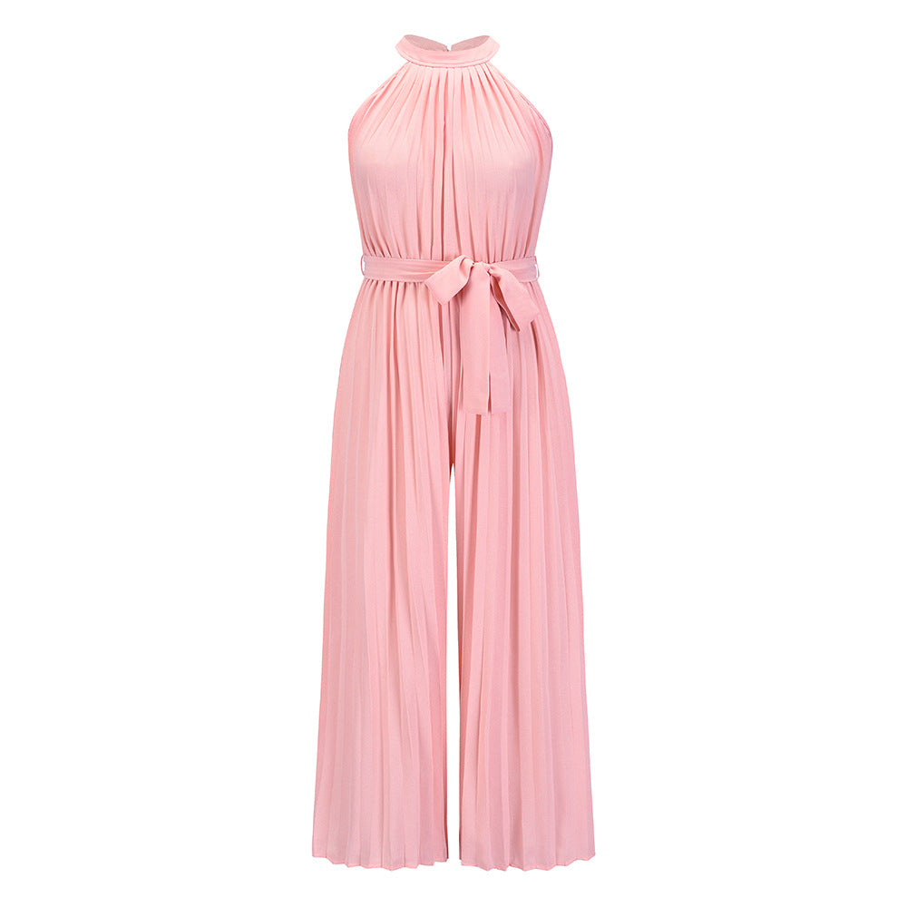 Halter Neck Sleeveless Waist Tie Wide Leg Jumpsuit