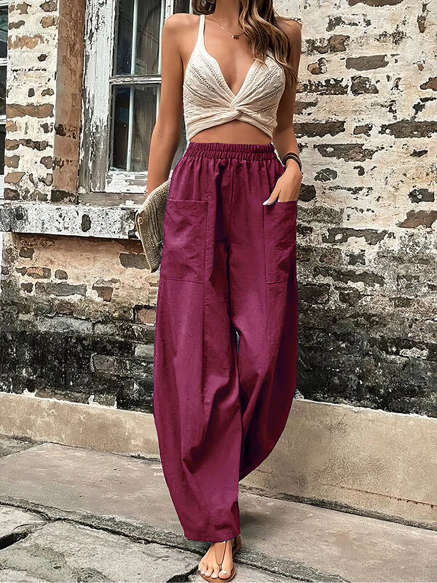 Women's Pants Solid Color Pocket Casual Elasticized Pants