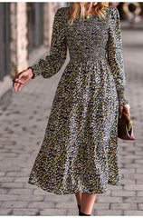 O-Neck Long Sleeve Printed Loose Midi Dress