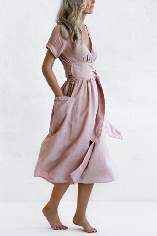 Pockets V Neck Kimono Dress