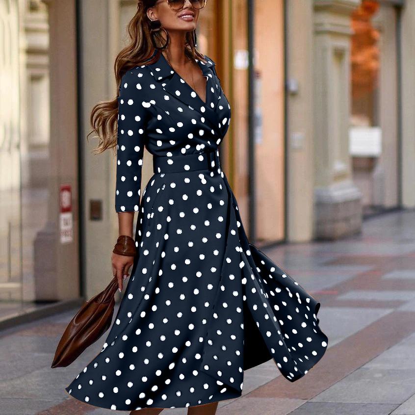 Waist Belted Collar Polka Dot Maxi Dress