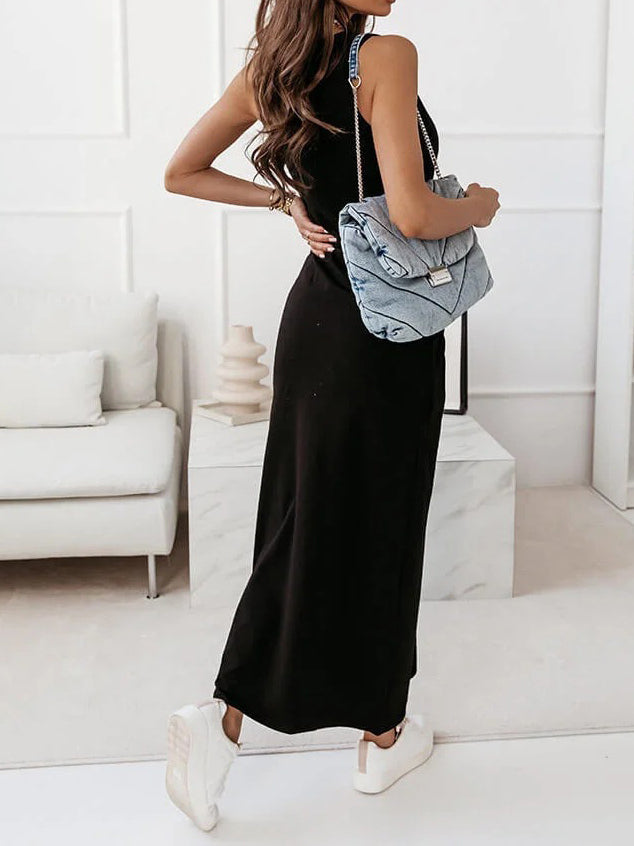 Casual Sleeveless O-Neck Front Slit Maxi Dress
