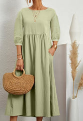 Casual 3/4 Sleeve Round Neck Pleated Maxi Dress