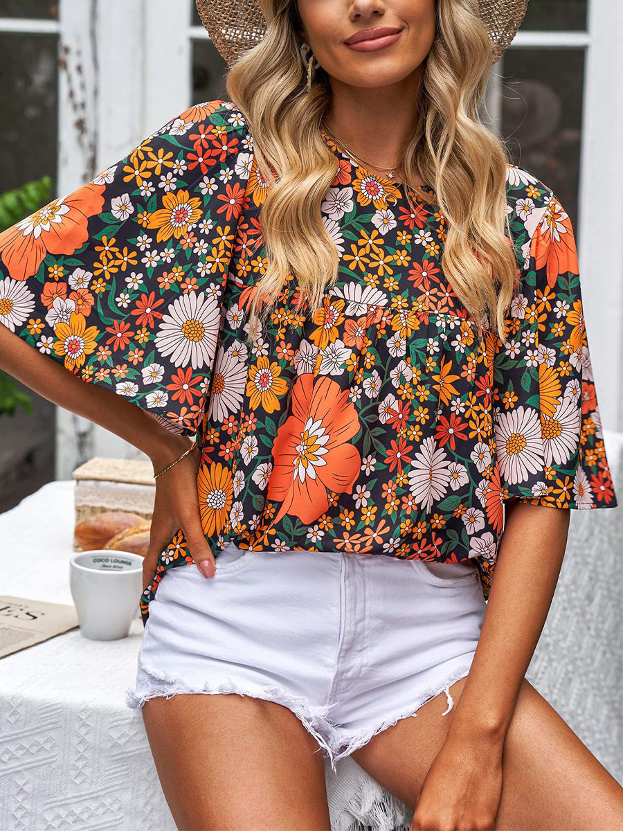 Women's T-Shirts Fashion Casual Floral Print Loose Short Sleeve T-Shirt