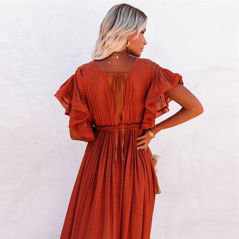 Deep V Neck Button Down Draw String Maxi Dress