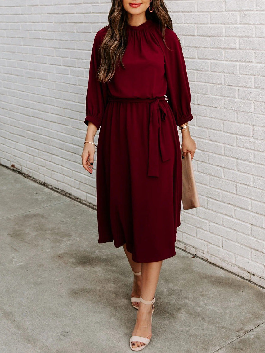 Women's Dresses Round Neck Lace-Up Long Sleeve Dress