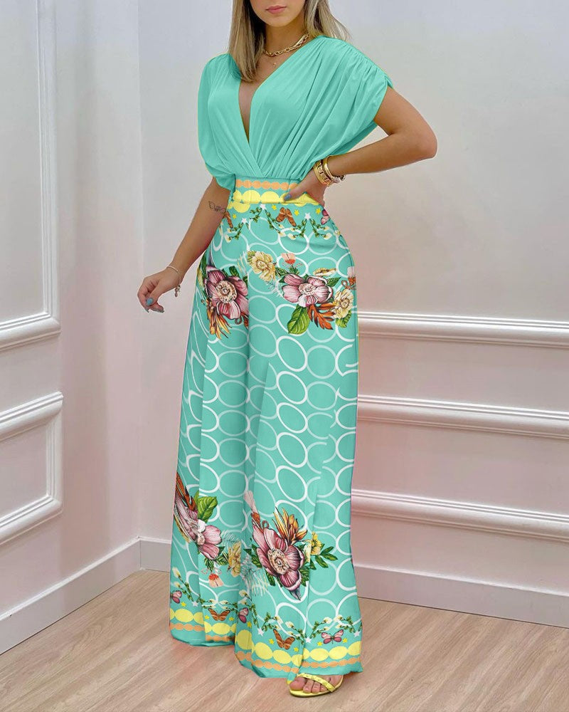 High Waist Floral Deep V Neck Wide Long Legs Jumpsuit