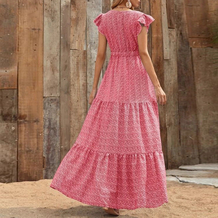Ruffle Sleeve High Waist V Neck Maxi Dress
