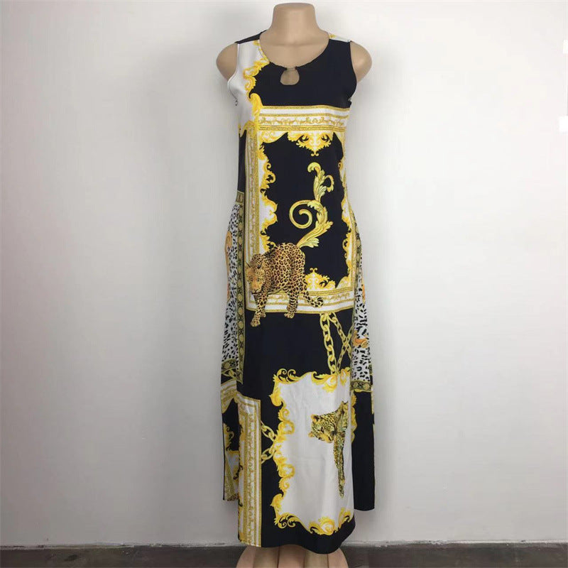 Sleeveless Flower Print Pleated Flared Round Neck Maxi Dress