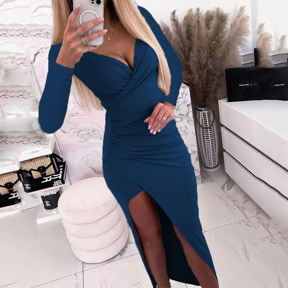 Cross V Neck Long Sleeve Side Split Bodycon Maxi Dress
