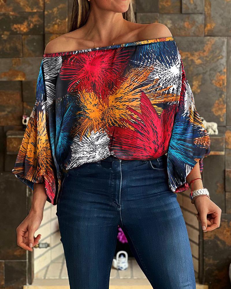 Off Shoulder Ruffle Sleeves Random Print Loose Blouse Top
