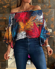 Off Shoulder Ruffle Sleeves Random Print Loose Blouse Top