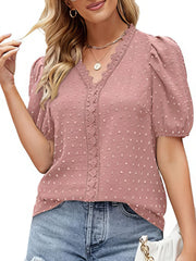Women's T-Shirts Lace Bubble Short Sleeve V Neck T-Shirt