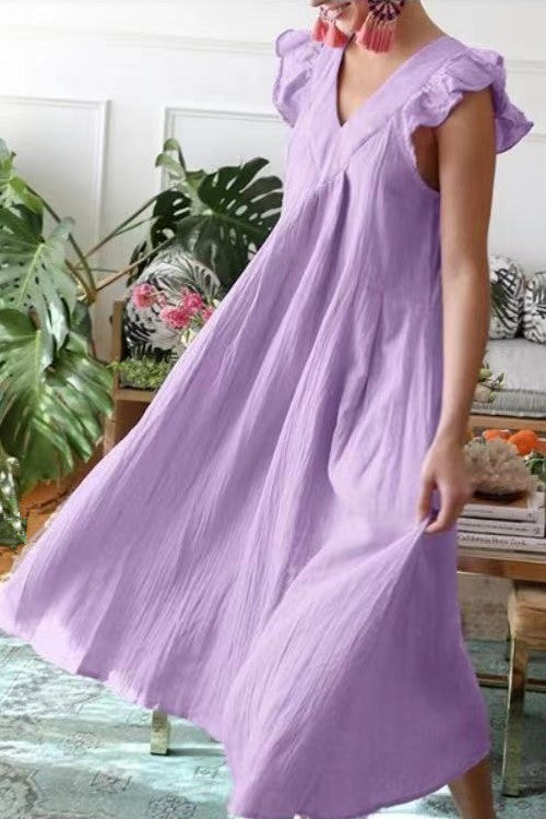 Ruffles Sleeve V Neck Midi Dress