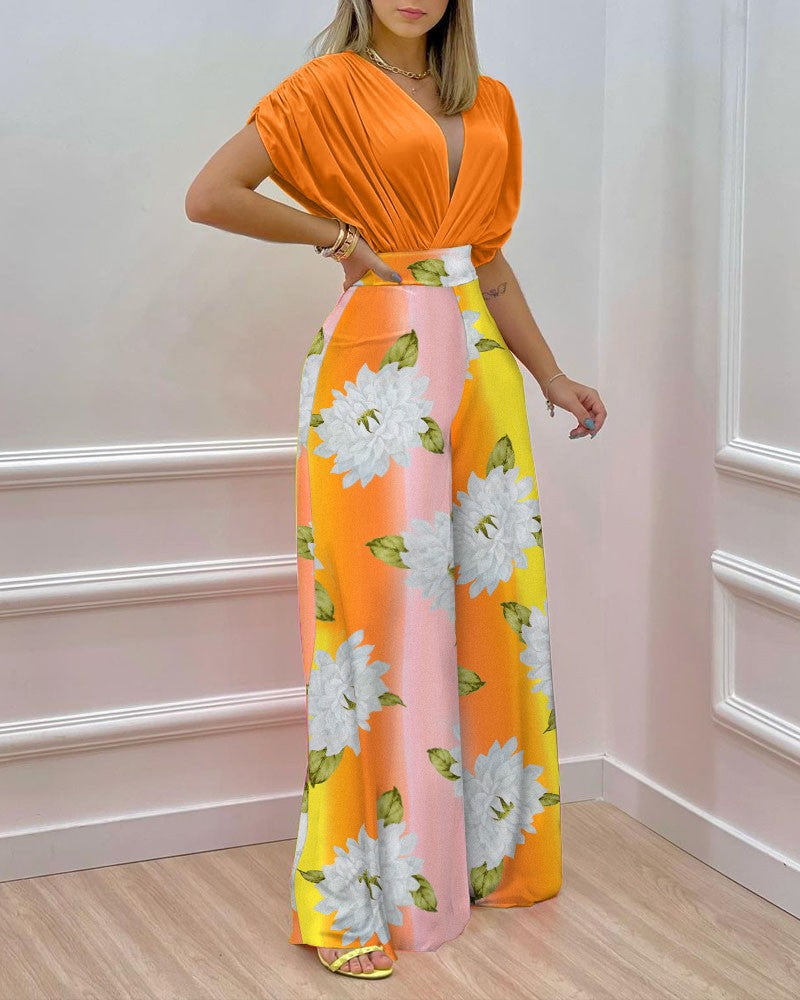 High Waist Floral Deep V Neck Wide Long Legs Jumpsuit