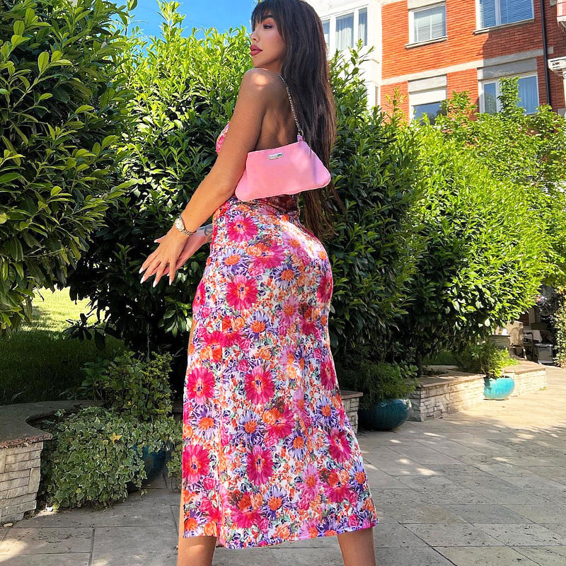Fashion Floral Print Spaghetti Strap Split Maxi Dress