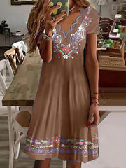 Short Sleeve V-Neck Printed Loose Midi Dress