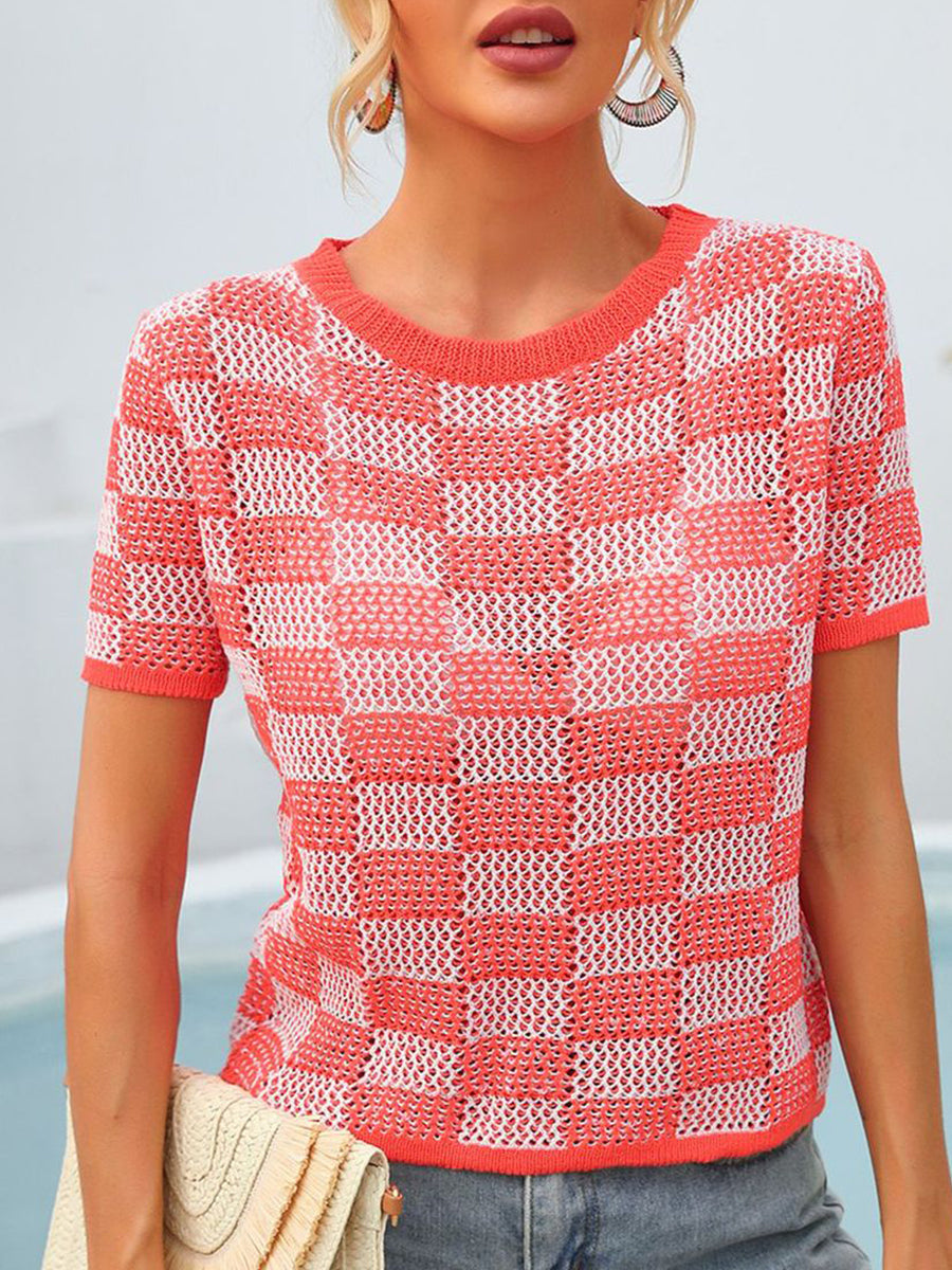 Women's T-Shirts Plaid Casual Knit Round Neck Short Sleeve T-Shirt