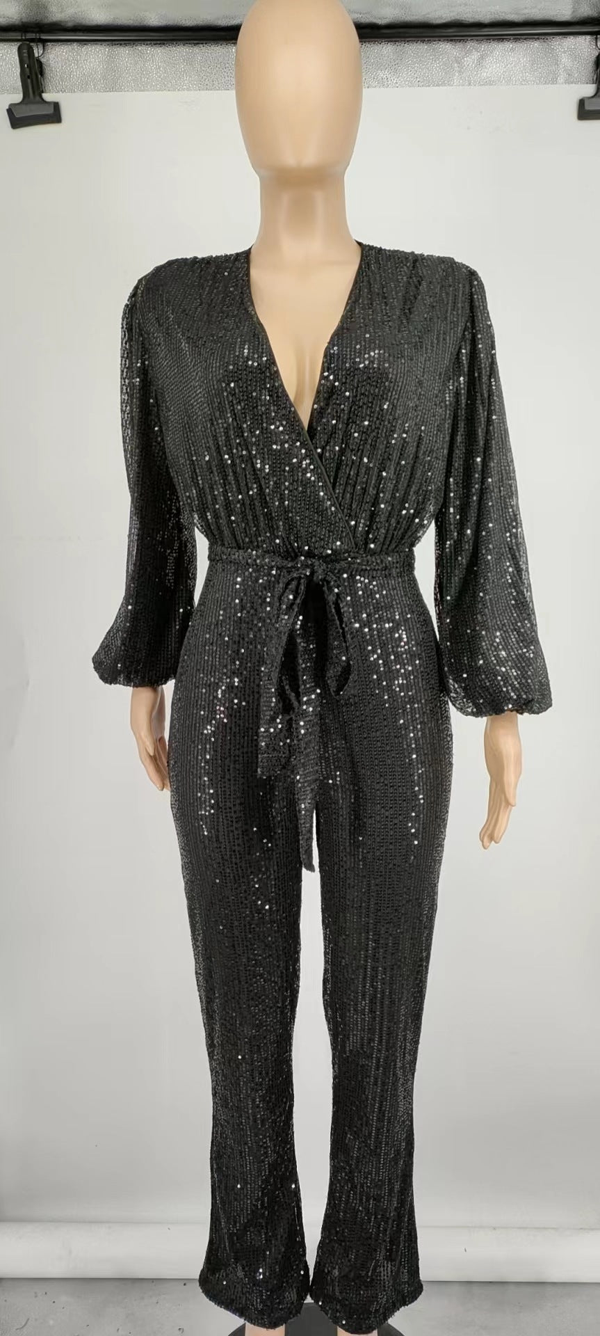 Deep V-Neck Long Sleeve Belted Sequin Jumpsuit