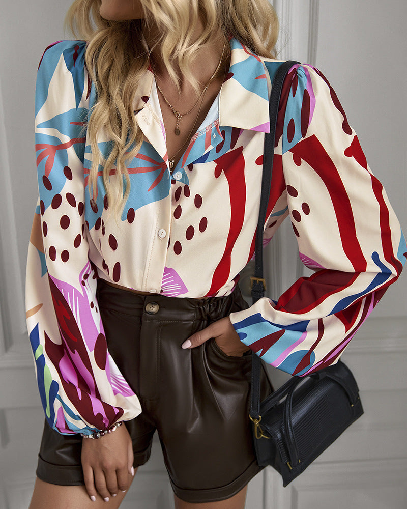 Turn Down Collar Button Long Sleeve Printed Blouse