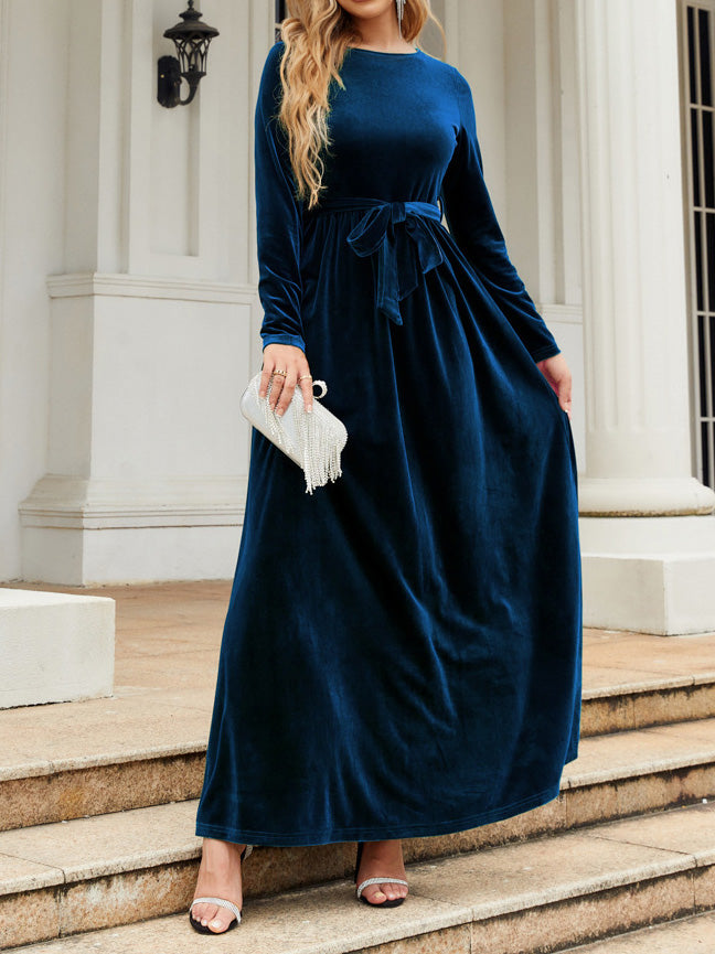 Women's Dresses Solid Gold Velvet Tie-Up Long Sleeve Dress