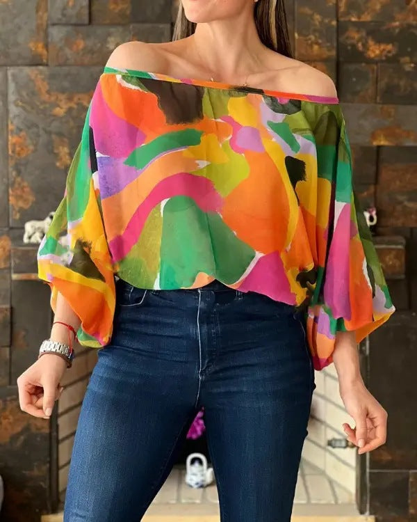 Off Shoulder Ruffle Sleeves Random Print Loose Blouse Top