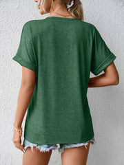 Women's T-Shirts Casual V Neck Button Loose Solid Color T-Shirt