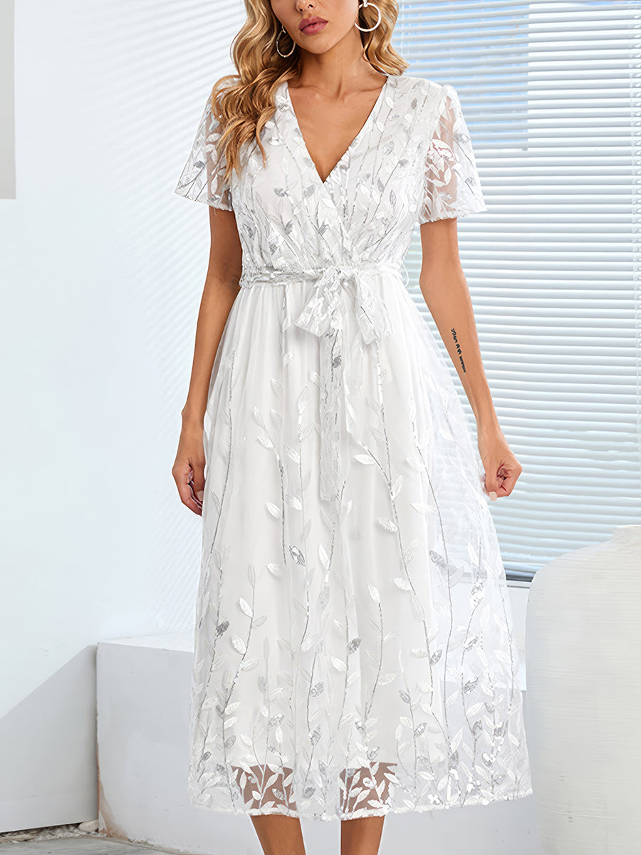 Women's Dresses Slim Temperament Embroidery V Neck Sequined Midi Dress