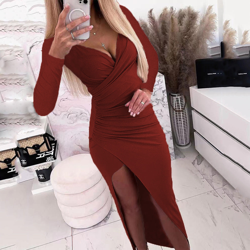 Cross V Neck Long Sleeve Side Split Bodycon Maxi Dress