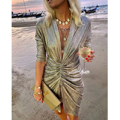 Deep V-Neck Long Sleeve Pleated Solid Mini Dress