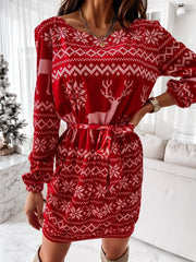 Off Shoulder Casual Long Sleeve Tie Waist Mini Dress