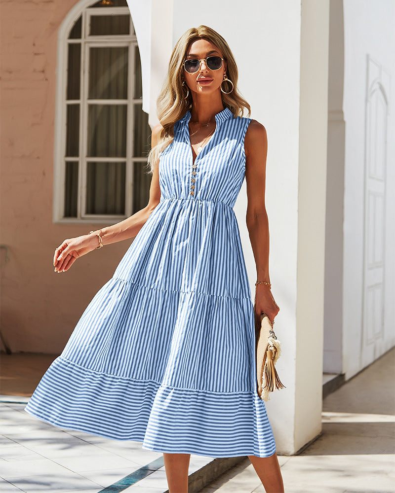 Elegant Striped Patchwork Square Collar Sleeveless Dress Dresses(3 Colors)