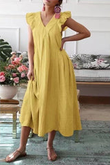 Ruffles Sleeve V Neck Midi Dress