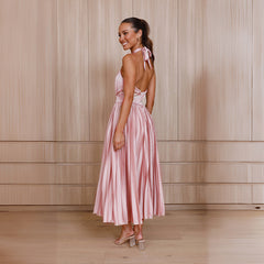 Gina Satin Halter Neck Pleated Midi Dress