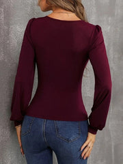 Deep Neckline Long Sleeve Solid Slim Top Blouse