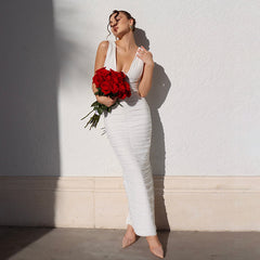 Sexy Slight Stretch Pure Color Deep V Underwire Backless Ruched Maxi Dress