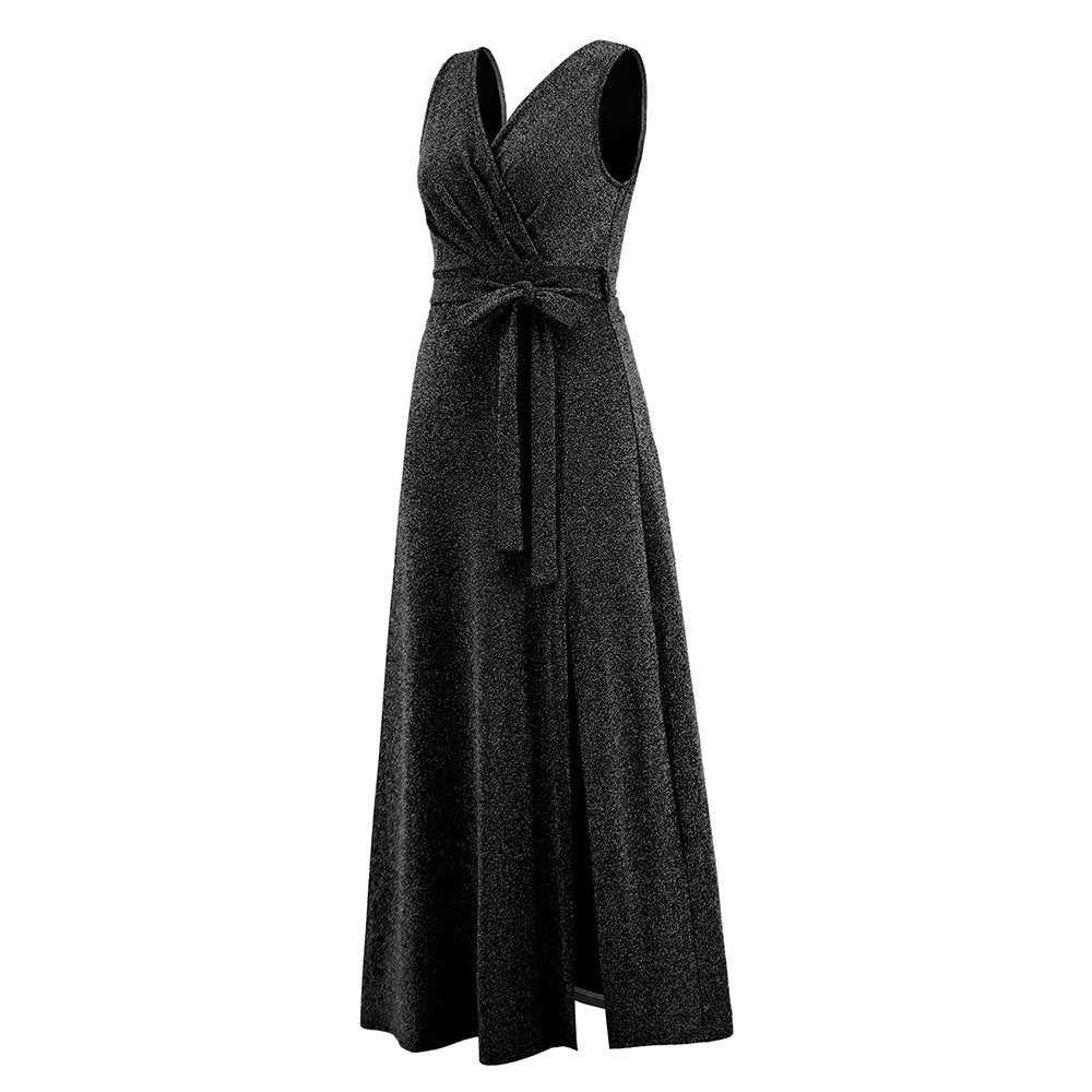 V-Neck Sleeveless Solid Color High Slit Belted Maxi Dress