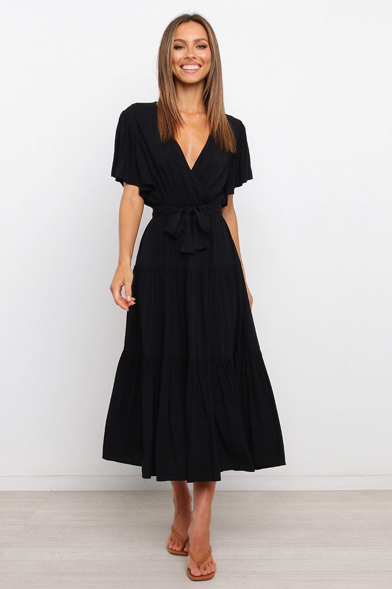 V Neck Tie Waist Short Sleeve Maxi Dress