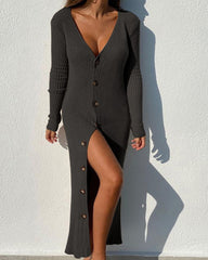 Deep V-Neck Long Sleeve Button Down Maxi Sweat Dress