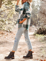 Turn Down Collar Plaid Buttoned Long Sleeve Jacket