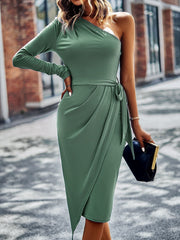 Fashion One Off Shoulder Wrap Solid Irregular Midi Dress