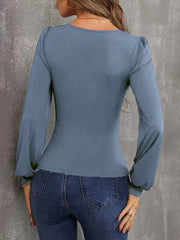 Deep Neckline Long Sleeve Solid Slim Top Blouse