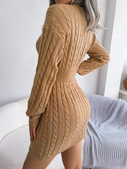 Long Sleeve V-Neck Knitted Solid Mini Dress