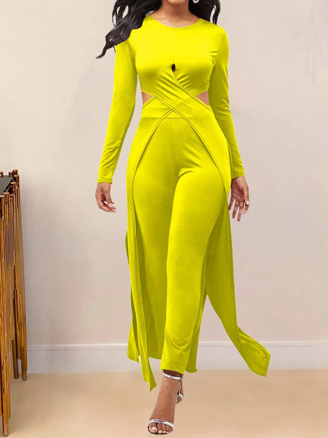 Fashion Cut Out Long Sleeve Flounced Jumpsuit