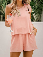 Sleeveless One Shoulder Pocketed Solid Short Jumpsuit