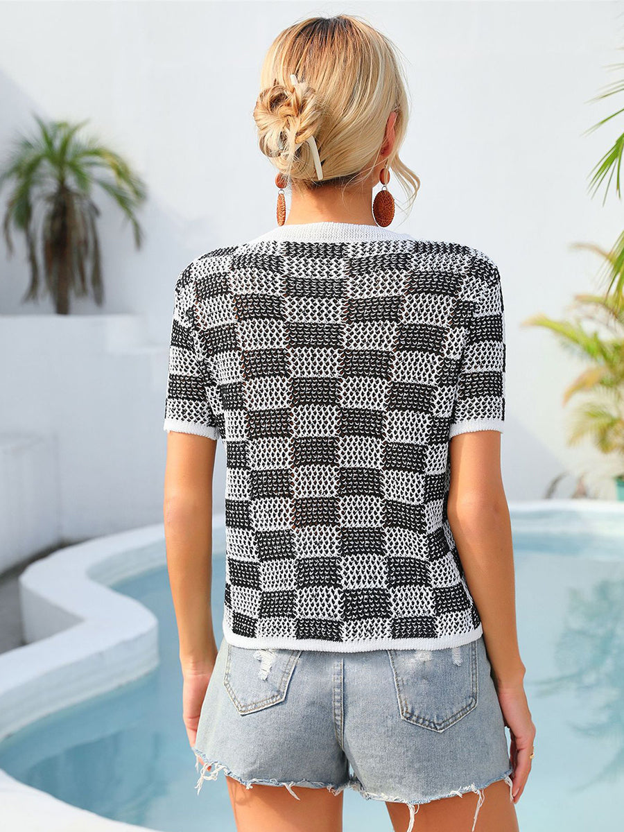 Women's T-Shirts Plaid Casual Knit Round Neck Short Sleeve T-Shirt
