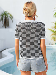 Women's T-Shirts Plaid Casual Knit Round Neck Short Sleeve T-Shirt