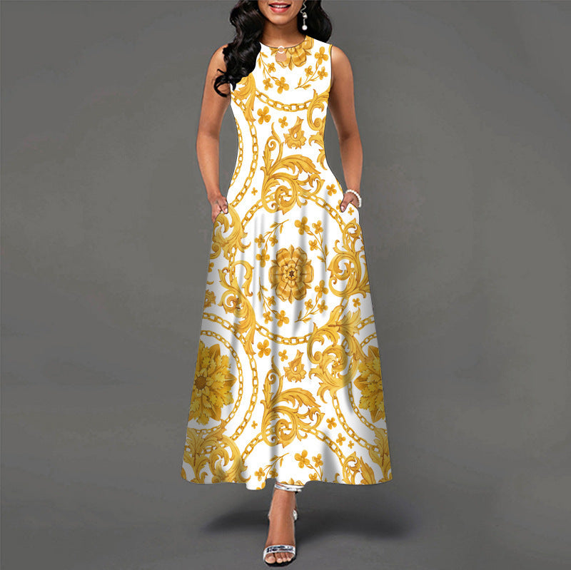 Sleeveless Flower Print Pleated Flared Round Neck Maxi Dress