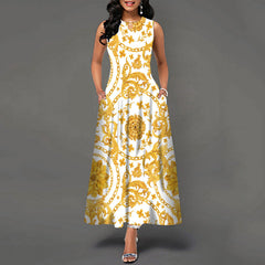 Sleeveless Flower Print Pleated Flared Round Neck Maxi Dress